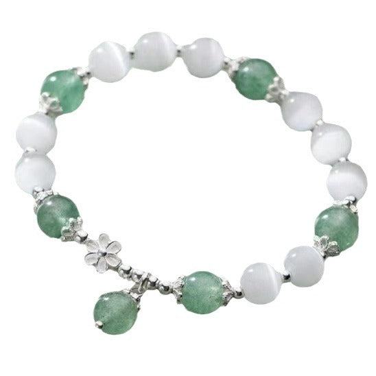 Ethereal Peach Blossom Bracelet | Luminous Cat's Eye & Verdant Crystal Charm for Luck