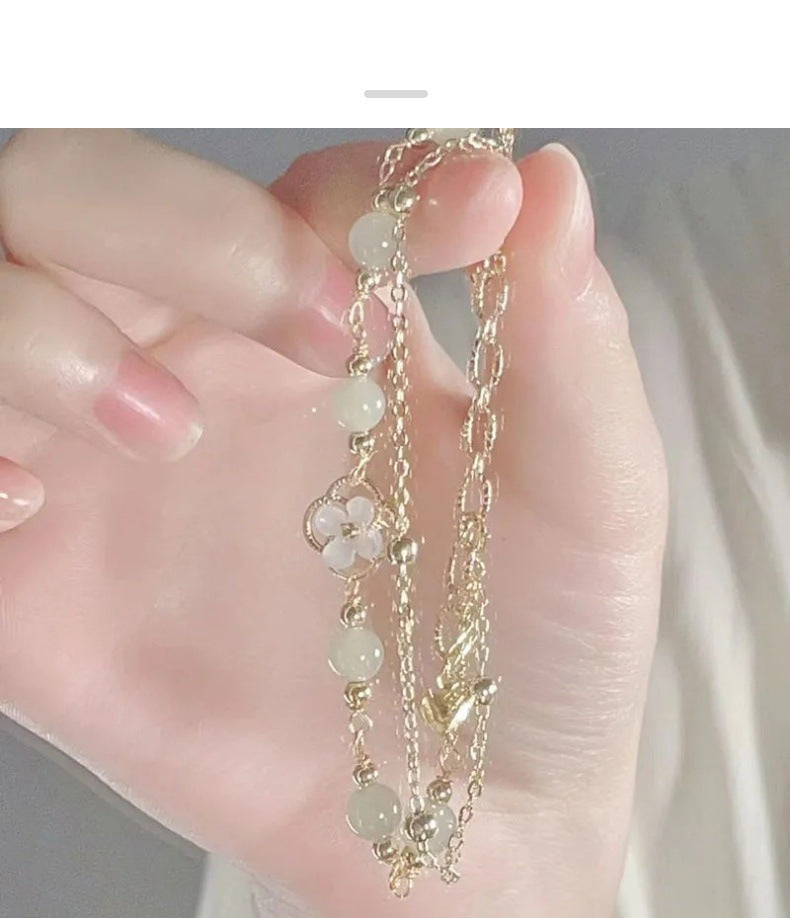 Floral Shadow Zen Bracelet | Dual-Layer Hetian Jade-Style Beads & Artisan Clover Charm