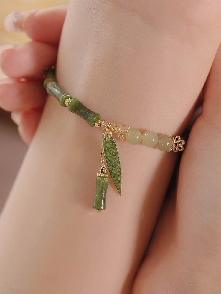 Eternal Bamboo & Lily of the Valley Amulet | Natural Olive Jade 18K Gold Magnet Bracelet