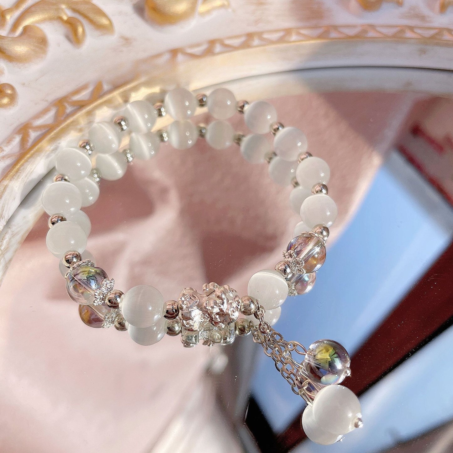 Ethereal Guardian Bracelet | Luminous Cats Eye & Pixiu Wealth Amulet with Grey Moonstone