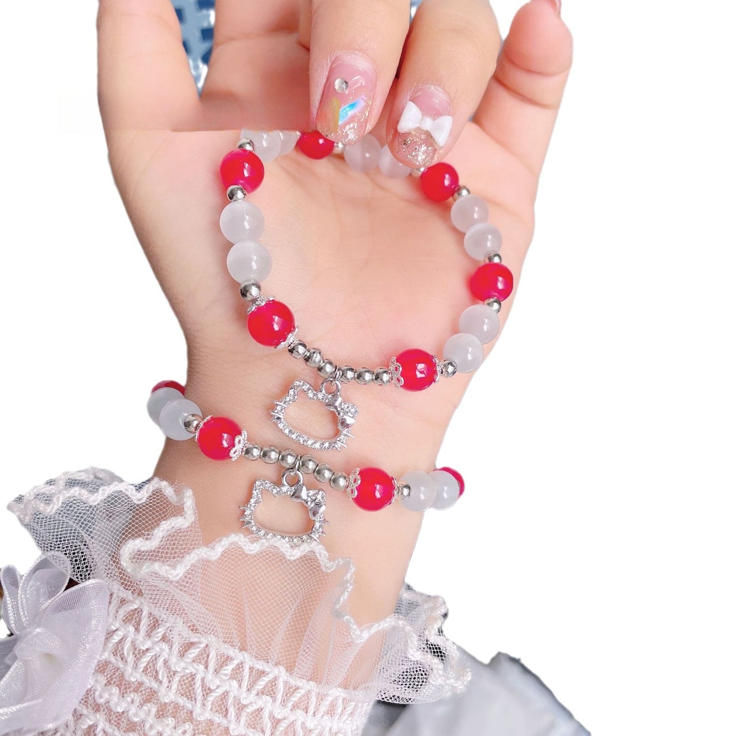 Kawaii Kitty Luminous Bracelet | Enchanting Cats Eye Beads with Bow-Knot Kitten Charm