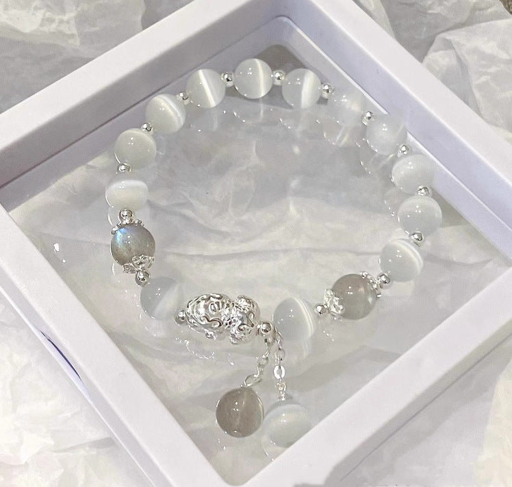 Ethereal Guardian Bracelet | Luminous Cats Eye & Pixiu Wealth Amulet with Grey Moonstone