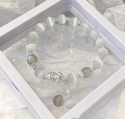 Ethereal Guardian Bracelet | Luminous Cats Eye & Pixiu Wealth Amulet with Grey Moonstone