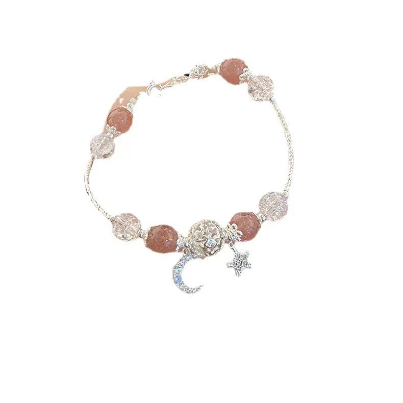 Celestial Fairytale Bracelet | Natural Strawberry Quartz & Grey Moonstone Star-Moon Charm