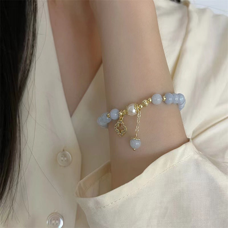 Ocean Serenity Clover Bracelet | Aquamarine Beads with Pearl Tassel & Lucky Clover