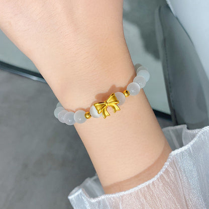 Runaway Princess Bow Bracelet | Luminous Cats Eye & Golden Blossom Set