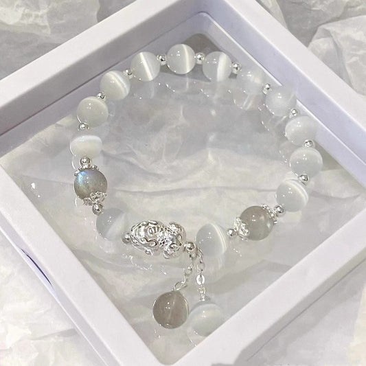 Ethereal Guardian Bracelet | Luminous Cats Eye & Pixiu Wealth Amulet with Grey Moonstone