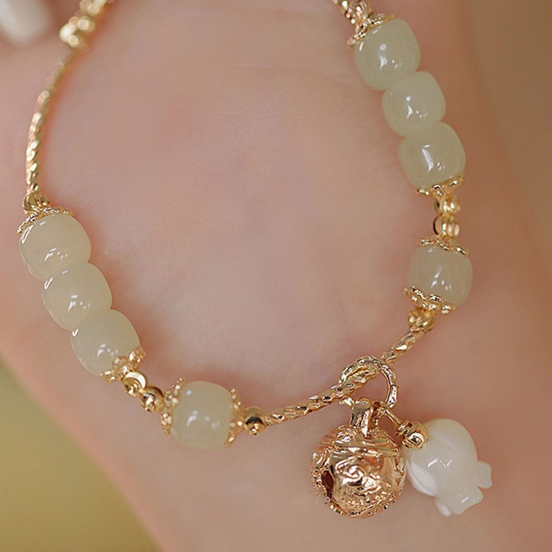Imperial Harmony Bracelet | Artisan Jade & Lily of the Valley "Peace Bell" Charm