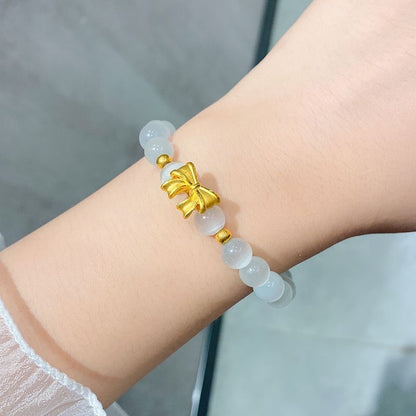 Runaway Princess Bow Bracelet | Luminous Cats Eye & Golden Blossom Set