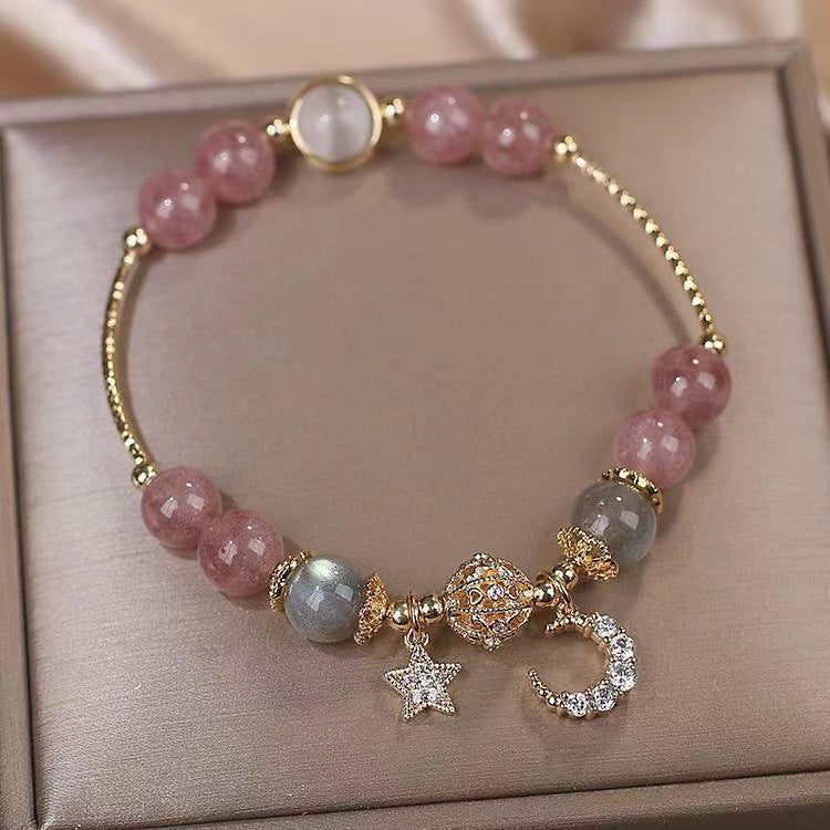 Celestial Fairytale Bracelet | Natural Strawberry Quartz & Grey Moonstone Star-Moon Charm