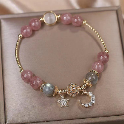 Celestial Fairytale Bracelet | Natural Strawberry Quartz & Grey Moonstone Star-Moon Charm