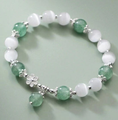 Ethereal Peach Blossom Bracelet | Luminous Cat's Eye & Verdant Crystal Charm for Luck