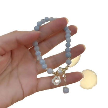 Ocean Serenity Clover Bracelet | Aquamarine Beads with Pearl Tassel & Lucky Clover