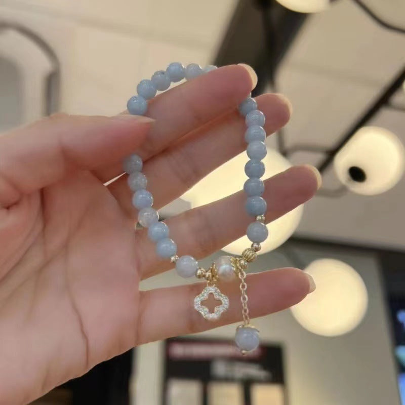 Ocean Serenity Clover Bracelet | Aquamarine Beads with Pearl Tassel & Lucky Clover