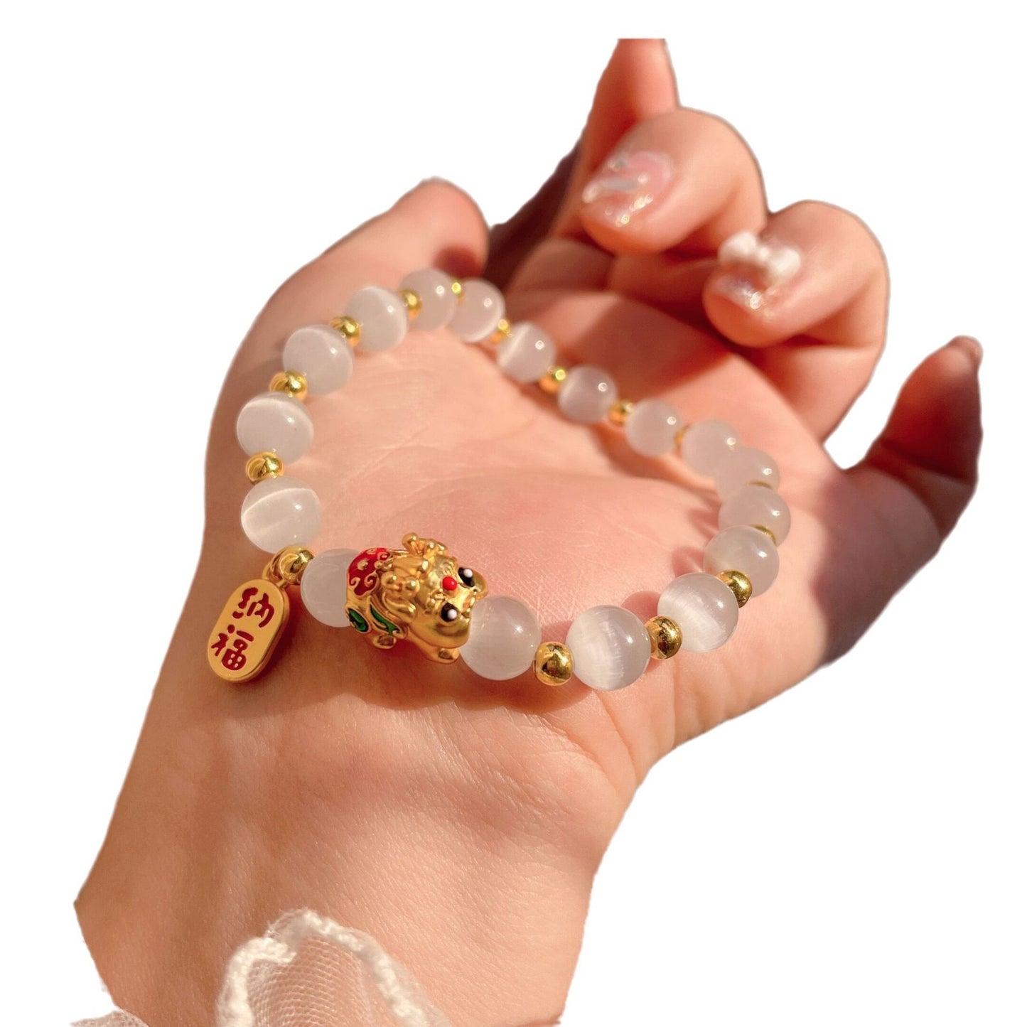 Eternal Zodiac Guardian | Golden Baby Dragon & Fortune Charm Cat's Eye Bracelet