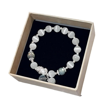 Ethereal Guardian Bracelet | Luminous Cats Eye & Pixiu Wealth Amulet with Grey Moonstone