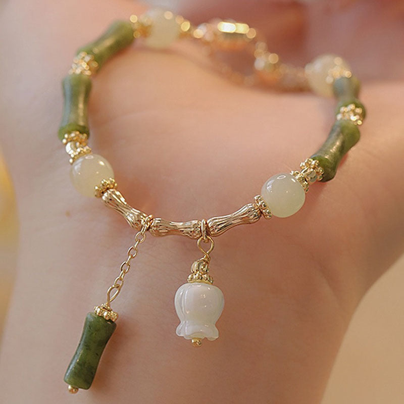 Eternal Bamboo & Lily of the Valley Amulet | Natural Olive Jade 18K Gold Magnet Bracelet