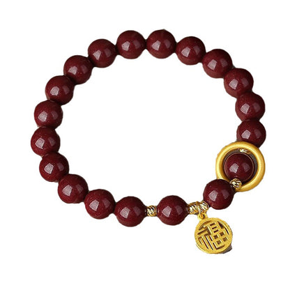 Imperial Cinnabar Ruyi Bracelet | Golden Fortune Ring & "Fu" Blessing Amulet