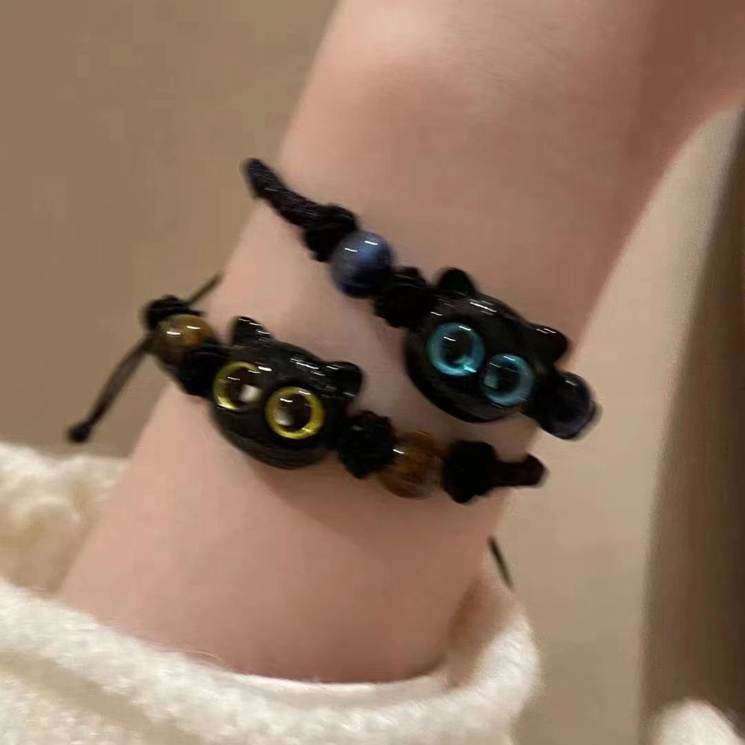 Midnight Kitten Amulet | Hand-Woven "Big Eye" Black Cat Prosperity Bracelet
