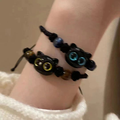 Midnight Kitten Amulet | Hand-Woven "Big Eye" Black Cat Prosperity Bracelet
