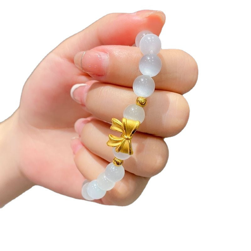 Runaway Princess Bow Bracelet | Luminous Cats Eye & Golden Blossom Set