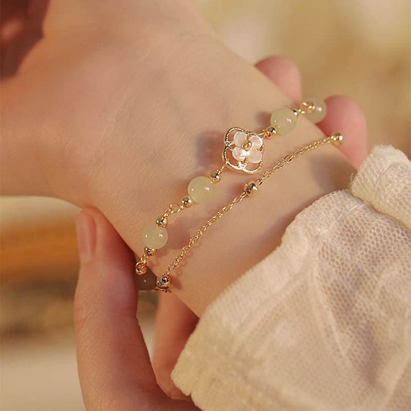 Floral Shadow Zen Bracelet | Dual-Layer Hetian Jade-Style Beads & Artisan Clover Charm