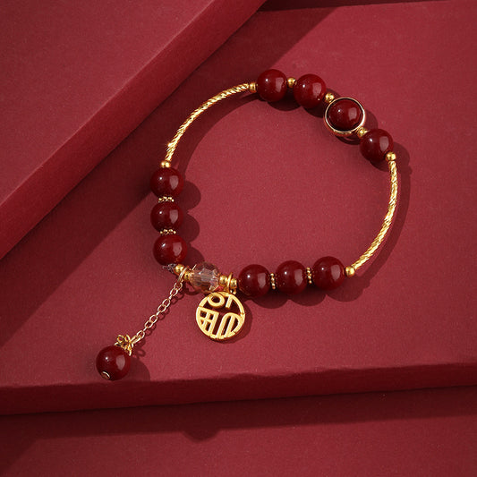 Imperial Red Fortune Amulet | Hand-Polished Cinnabar Style Bracelet with "Fu" Blessing Charm