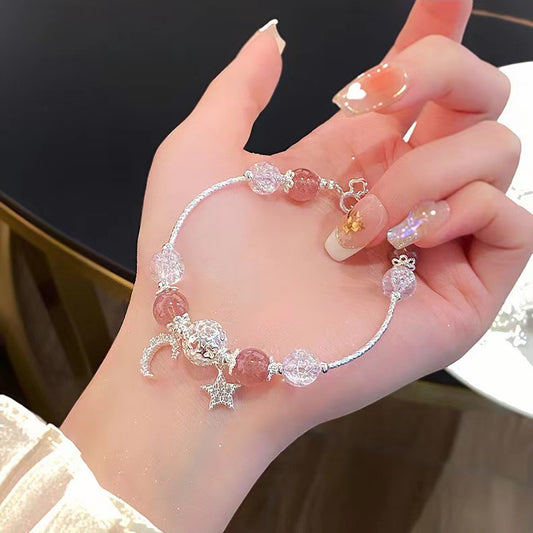 Celestial Fairytale Bracelet | Natural Strawberry Quartz & Grey Moonstone Star-Moon Charm