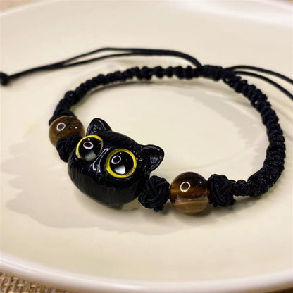Midnight Kitten Amulet | Hand-Woven "Big Eye" Black Cat Prosperity Bracelet