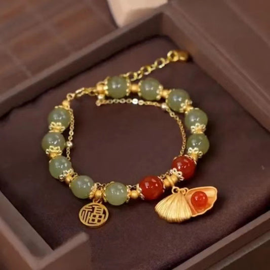 Ocean Empress Amulet | Red Agate & Verdant Bead Bracelet with Golden Shell Charm