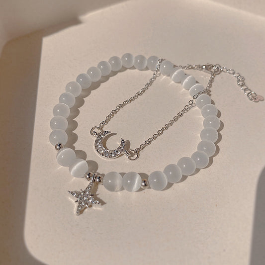 Celestial Dream Layering Set | Luminous Cats Eye Star & Moon Double Bracelet