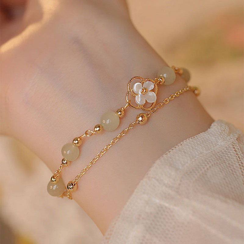 Floral Shadow Zen Bracelet | Dual-Layer Hetian Jade-Style Beads & Artisan Clover Charm
