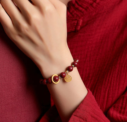 Imperial Cinnabar Ruyi Bracelet | Golden Fortune Ring & "Fu" Blessing Amulet