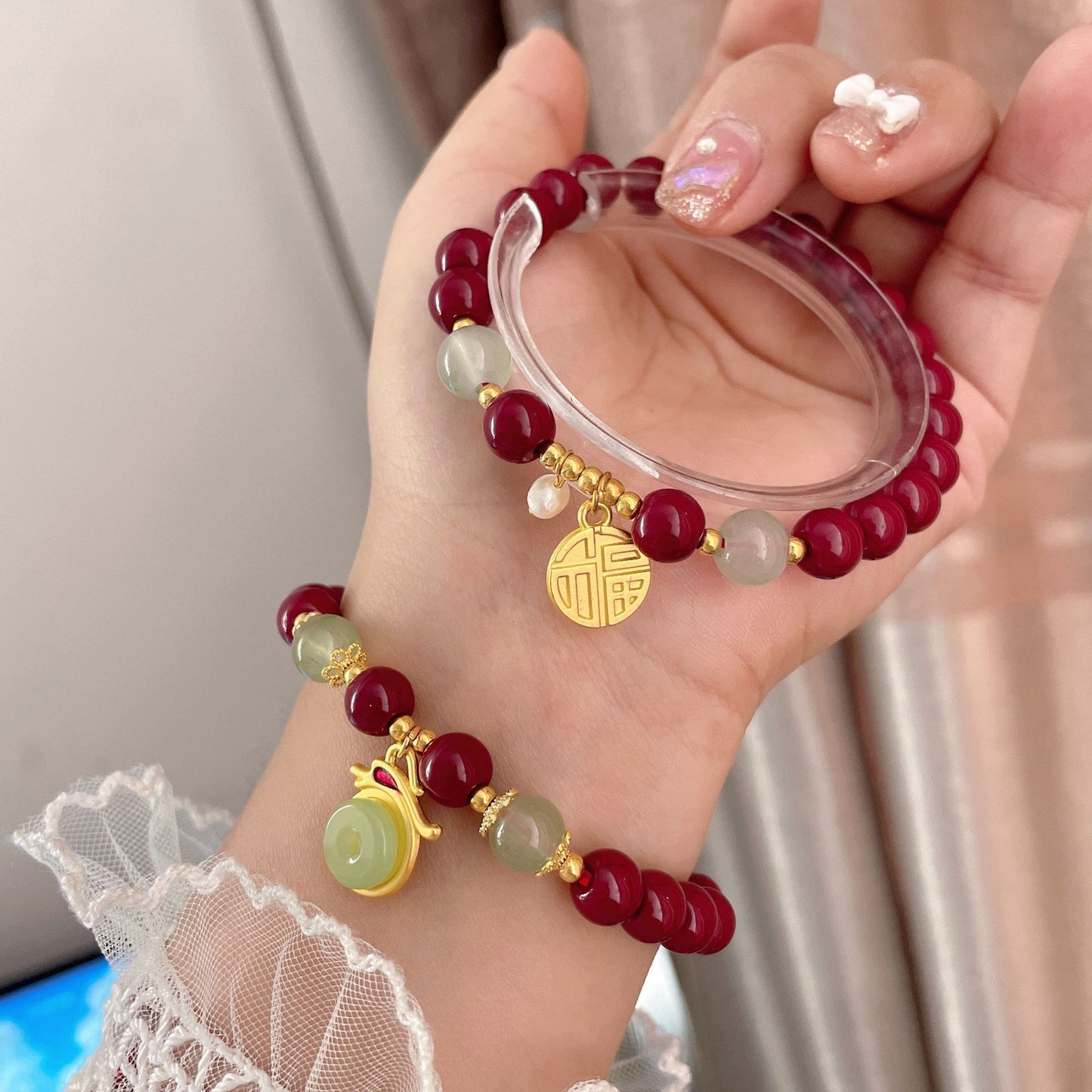 Imperial Dragon Year Amulet | Artisan Cinnabar & "Great Fortune" Dragon Medal Couple's Bracelet