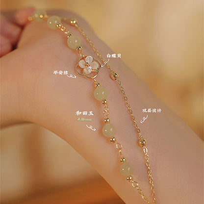 Floral Shadow Zen Bracelet | Dual-Layer Hetian Jade-Style Beads & Artisan Clover Charm
