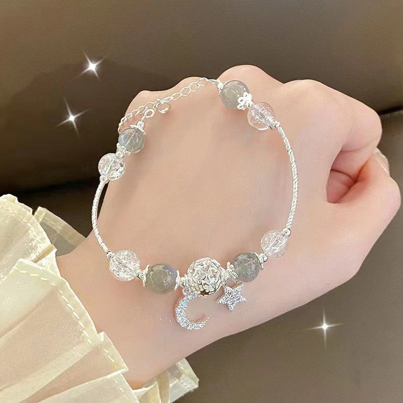 Celestial Fairytale Bracelet | Natural Strawberry Quartz & Grey Moonstone Star-Moon Charm