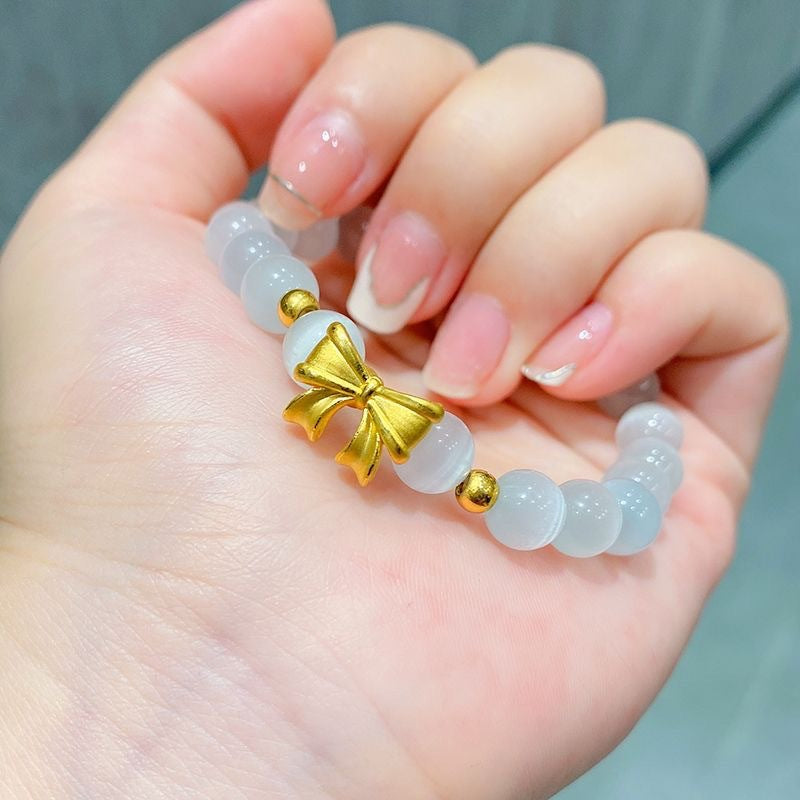 Runaway Princess Bow Bracelet | Luminous Cats Eye & Golden Blossom Set