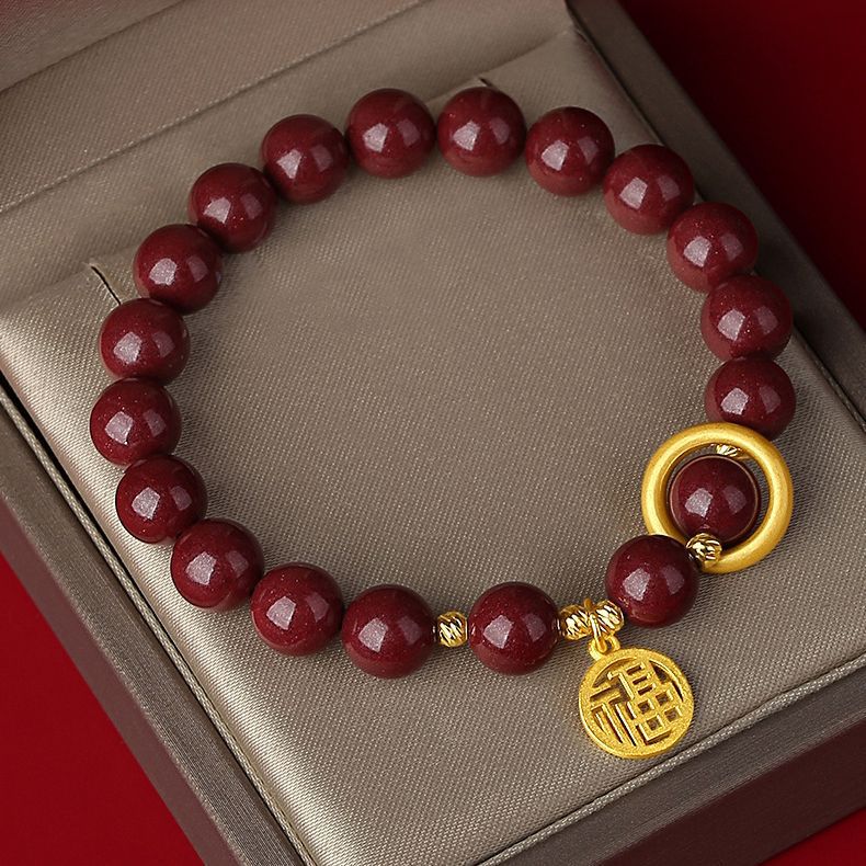 Imperial Cinnabar Ruyi Bracelet | Golden Fortune Ring & "Fu" Blessing Amulet