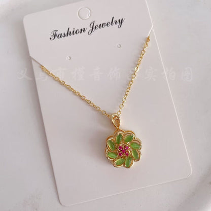 Imperial Fortune Bloom Necklace | Apple Green Crystal & 18K Gold Plated Titan Steel Pendant