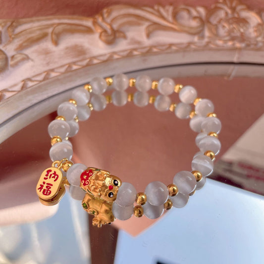Eternal Zodiac Guardian | Golden Baby Dragon & Fortune Charm Cat's Eye Bracelet