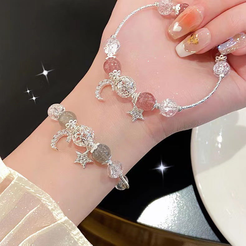Celestial Fairytale Bracelet | Natural Strawberry Quartz & Grey Moonstone Star-Moon Charm