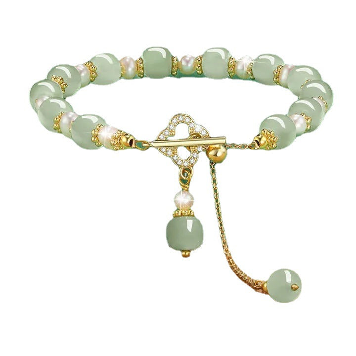 Eternal Clover & Pearl Luck Bracelet | Vintage Jade-Style Spiritual Elegance
