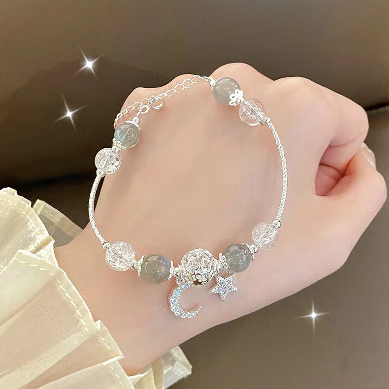 Celestial Fairytale Bracelet | Natural Strawberry Quartz & Grey Moonstone Star-Moon Charm