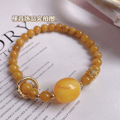 Vintage Caramel Amber Amulet | Natural Dragon Scale Stone & Eternal Harmony Charm Bracelet