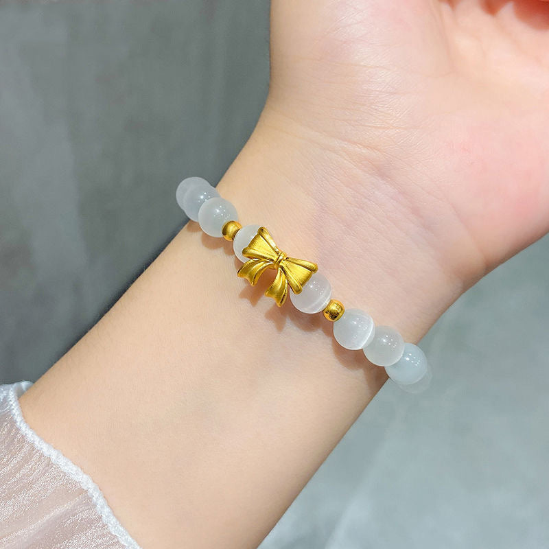 Runaway Princess Bow Bracelet | Luminous Cats Eye & Golden Blossom Set