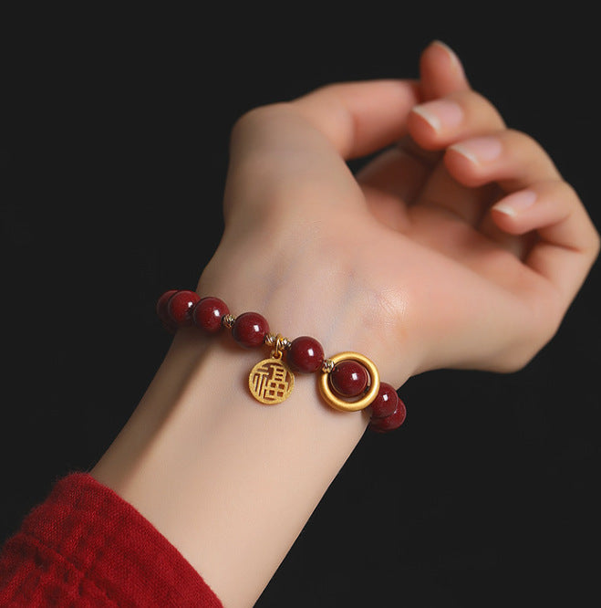 Imperial Cinnabar Ruyi Bracelet | Golden Fortune Ring & "Fu" Blessing Amulet