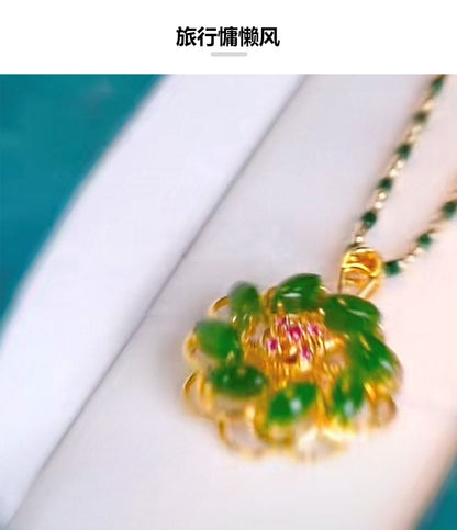 Imperial Fortune Bloom Necklace | Apple Green Crystal & 18K Gold Plated Titan Steel Pendant