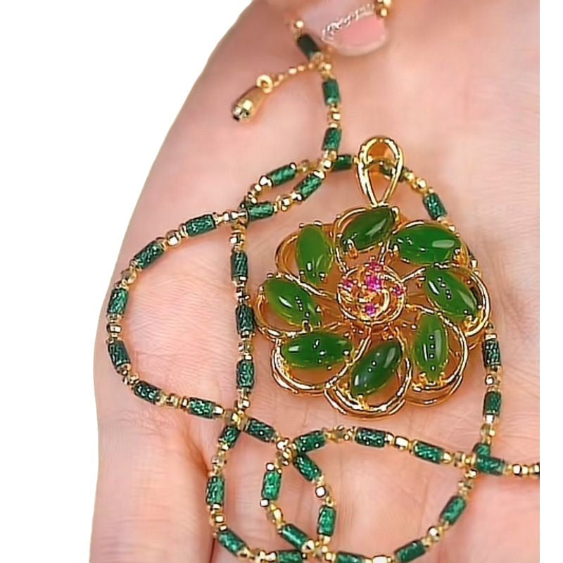 Imperial Fortune Bloom Necklace | Apple Green Crystal & 18K Gold Plated Titan Steel Pendant