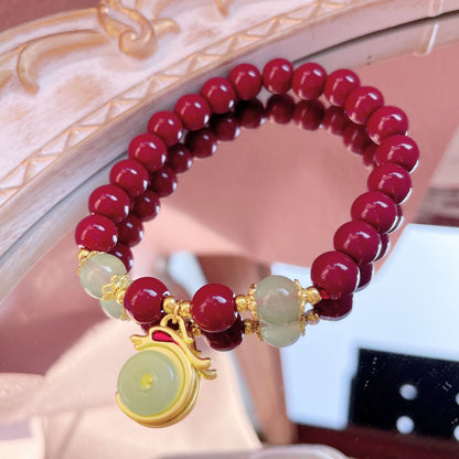 Imperial Dragon Year Amulet | Artisan Cinnabar & "Great Fortune" Dragon Medal Couple's Bracelet