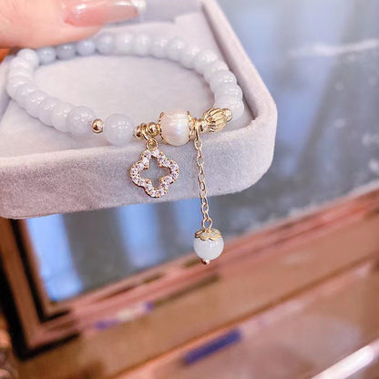 Ocean Serenity Clover Bracelet | Aquamarine Beads with Pearl Tassel & Lucky Clover
